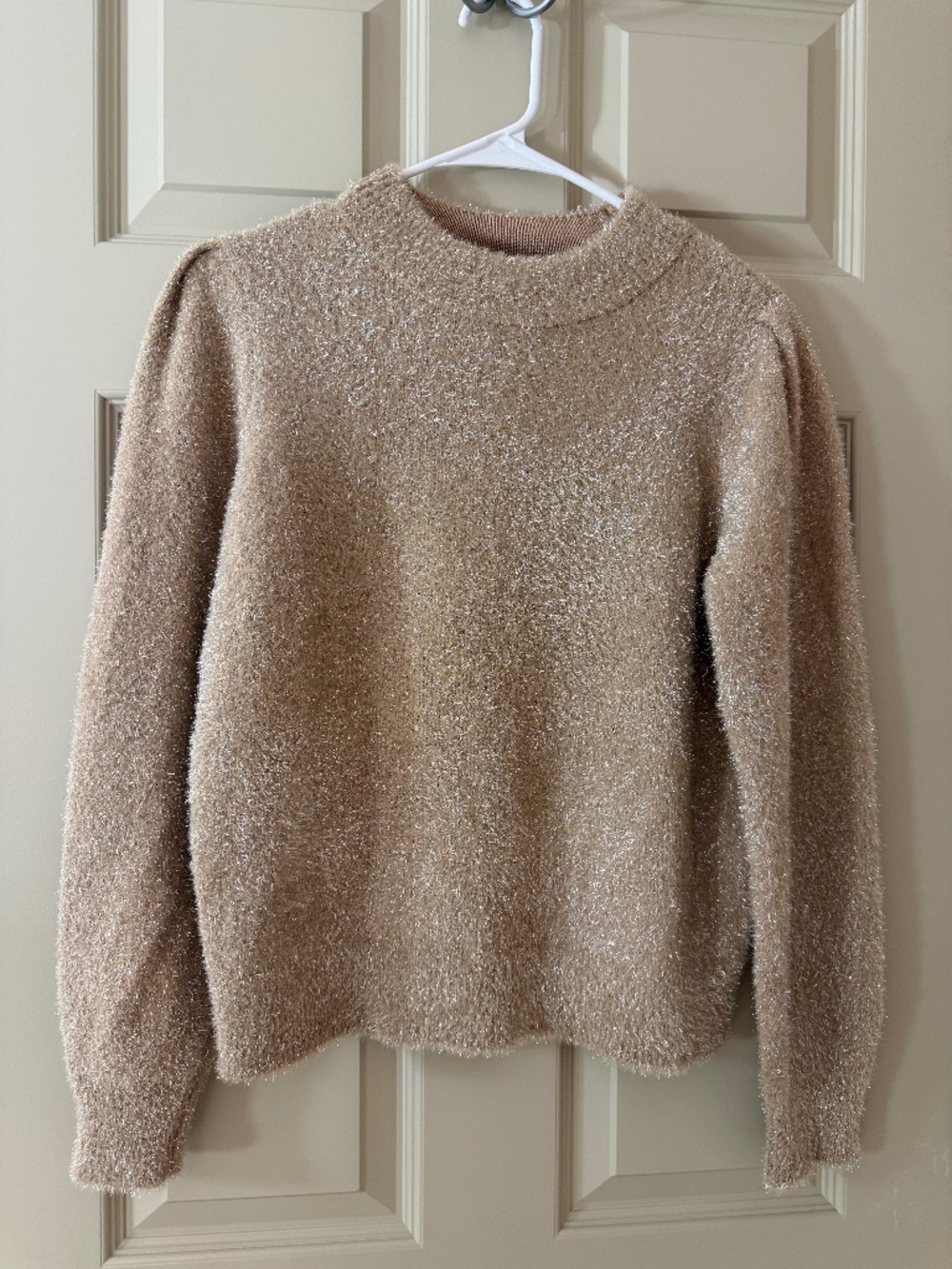 White House Black Market Shimmer Eyelash Sweater  Puff Sleeve Mock Neck Medium